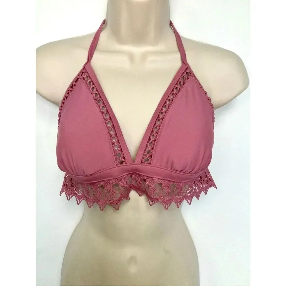 Womens Mauve Pink Halter Neck Lace Triangle‎ Longline Bikini Swim Top Size Large